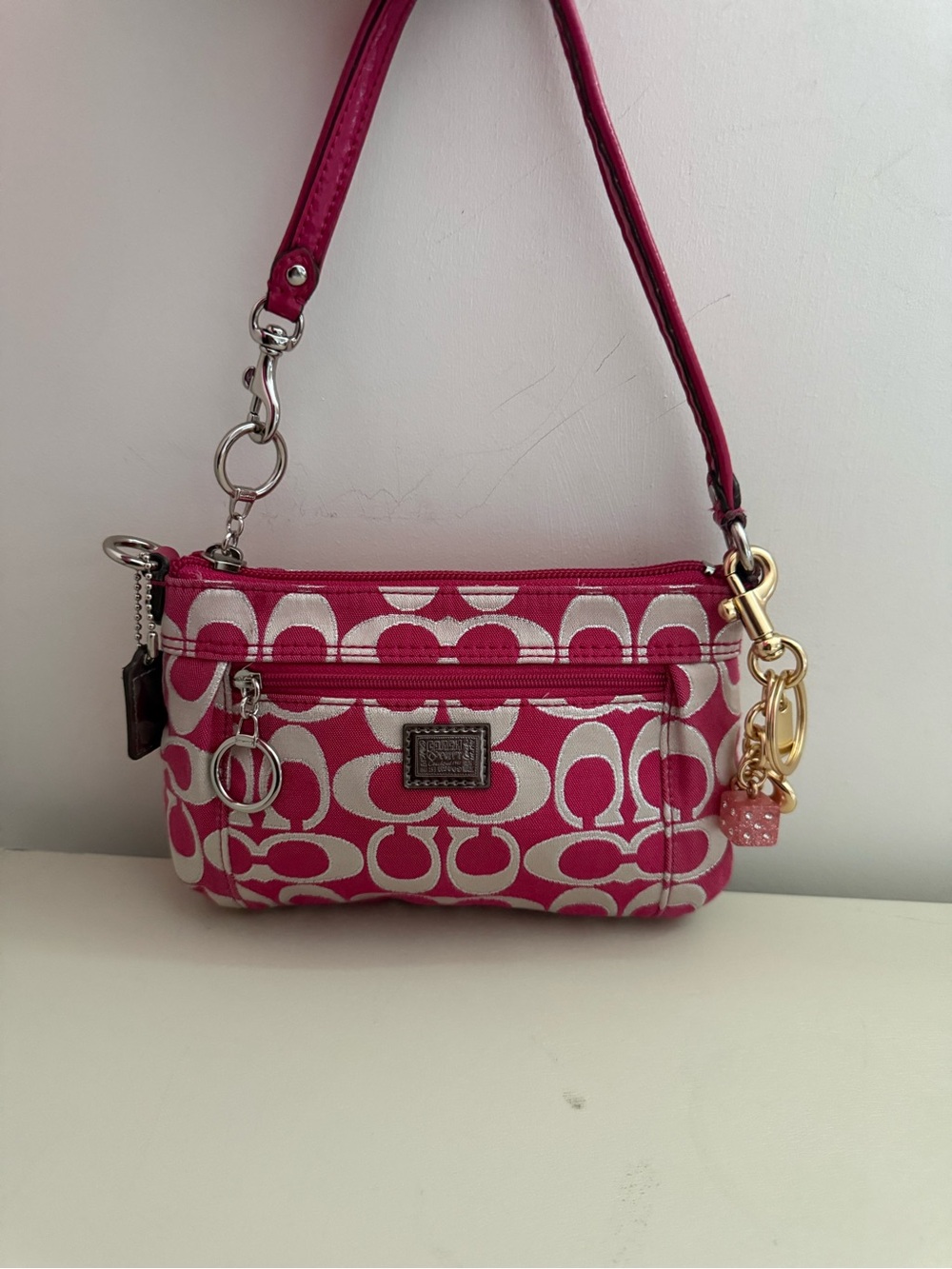 Coach Hot Poppy Pink Signature Canvas mini bag with Gold Tone Hardware